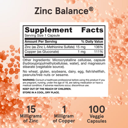 Jarrow Formulas Zinc Balance 15 mg - 100 Servings (Veggie Caps) - Zinc with Copper - Essential Minerals for Immune System Support - Immune Support Supplement - Gluten Free Copper Supplement, Vegan - Maple Wellness Supplements
