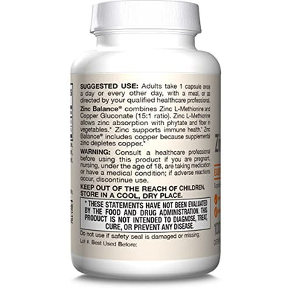 Jarrow Formulas Zinc Balance 15 mg - 100 Servings (Veggie Caps) - Zinc with Copper - Essential Minerals for Immune System Support - Immune Support Supplement - Gluten Free Copper Supplement, Vegan - Maple Wellness Supplements