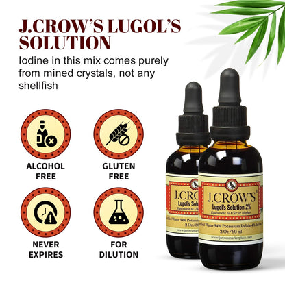 J.CROW'S® Lugol's Solution of Iodine 2% 2 oz (1 Bottle) – Premium Iodine & Potassium Iodide Liquid, Gluten - Maple Wellness Supplements