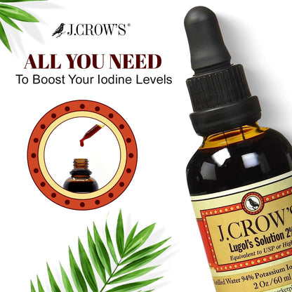 J.CROW'S® Lugol's Solution of Iodine 2% 2 oz (1 Bottle) – Premium Iodine & Potassium Iodide Liquid, Gluten & Alcohol-Free Natural Brine Extract, No Expiration - 1200 Drops - Maple Wellness Supplements