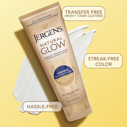 Jergens Natural Glow +Firming Self Tanner Body Lotion, Fair to Medium Skin Tone, Sunless Tanning Moisturizer - Maple Wellness Supplements