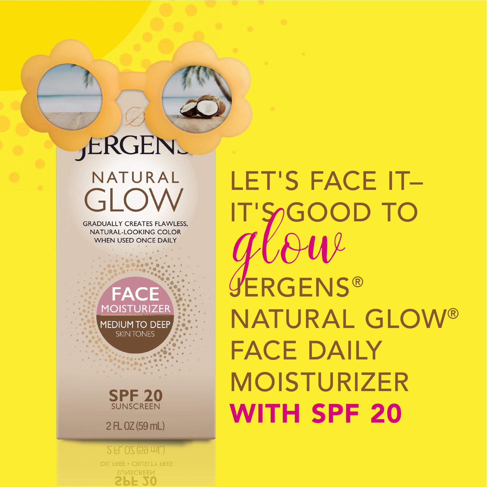 Jergens Natural Glow Self Tanner Face Moisturizer with SPF 20 Facial Sunscreen, Medium to Deep Skin Tone, Sunless Tanning, Oil Free - Maple Wellness Supplements