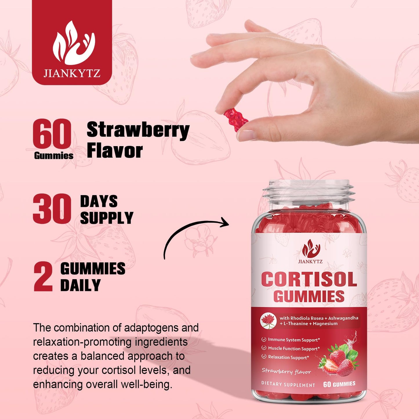 JIANKYTZ Cortisol Gummies for Women with Ashwagandha, Rhodiola Rosea, L-Theanine, Magnesium, Vitamin D3 for Zzz Support, Balanced Cortisol, Vegan, 60 Gummies - Maple Wellness Supplements