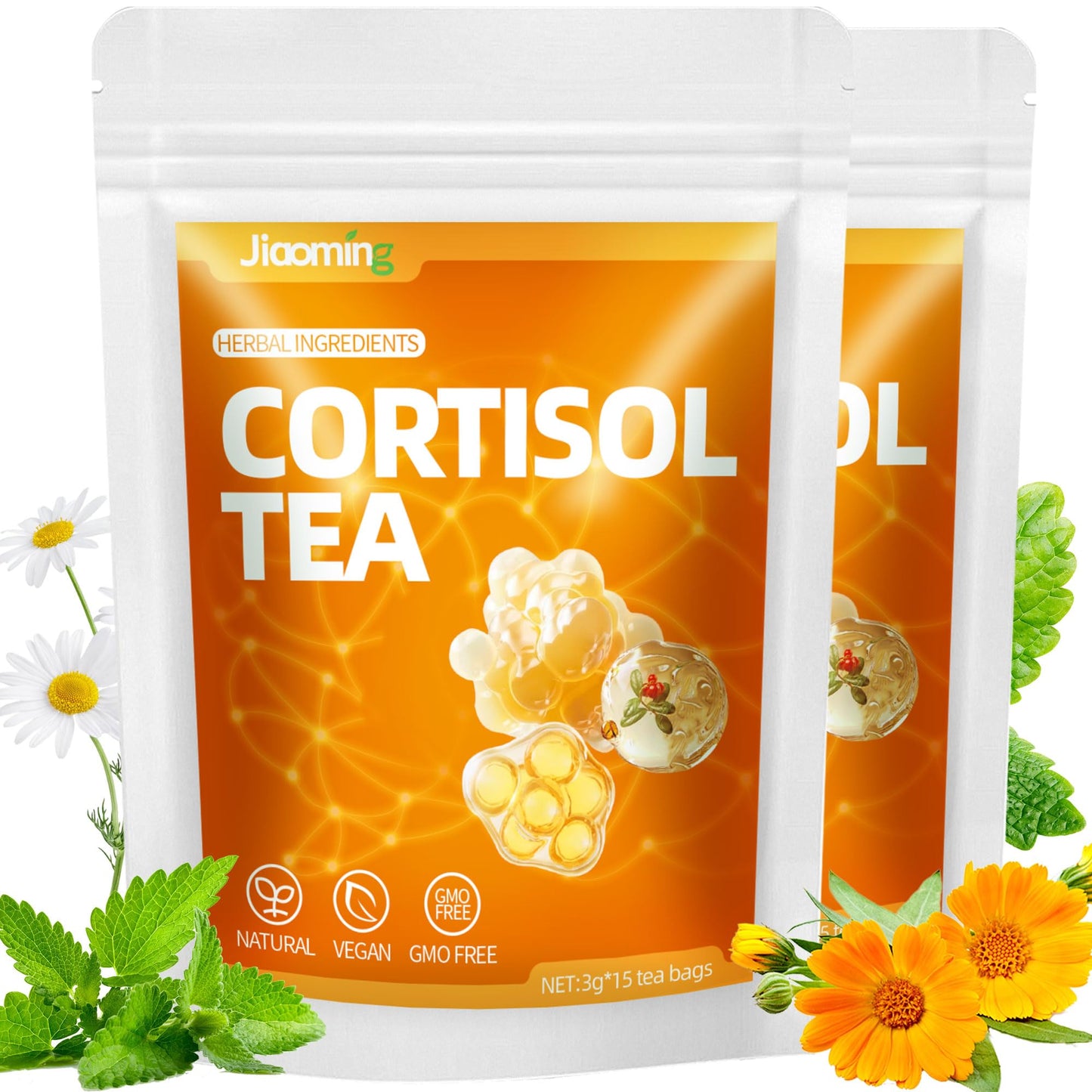 JIAOMING 2 Packs Natural Cortisol Reducing Tea, Healthy Cortisol Levels & Mental Clarity, Loose Leaf Detox Drink Teabags with Ashwagandha for Men and Women Sleep Time Relaxation, Mood Swing Reducer - Maple Wellness Supplements
