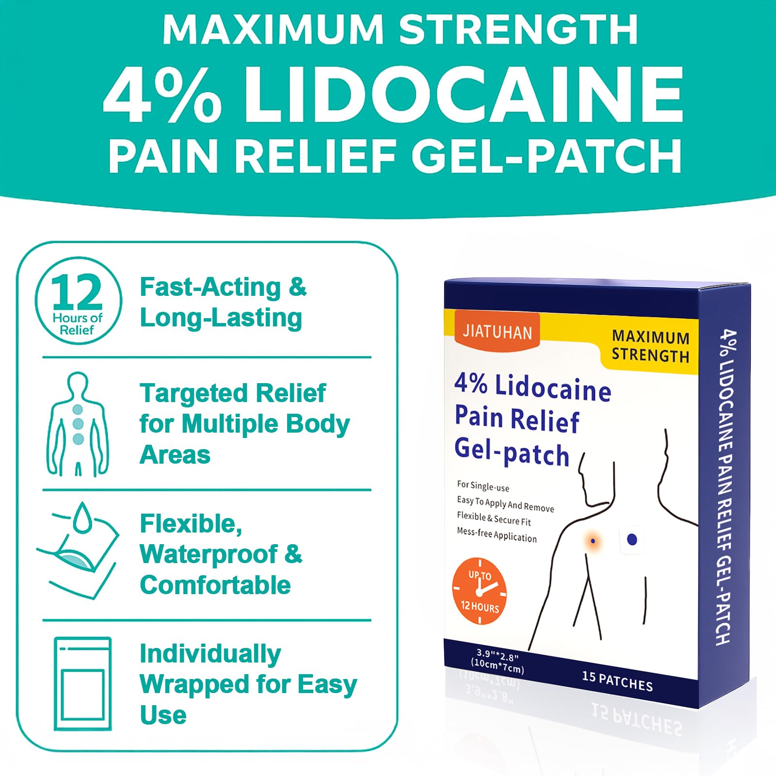 JIATUHAN 4% Lidocaine Pain Relief Patches – Maximum Strength for Back, Neck, Joint & Muscle Pain – Long-Lasting & Flexible – 15 Patches - Maple Wellness Supplements