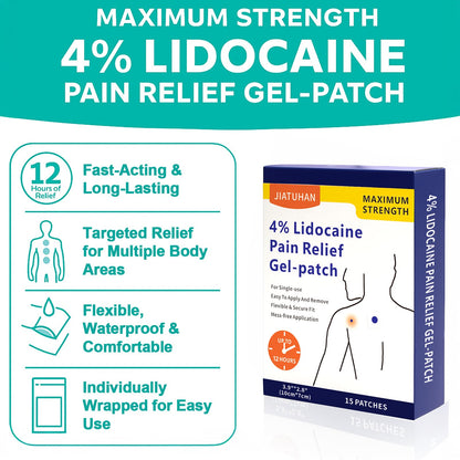 JIATUHAN 4% Lidocaine Pain Relief Patches – Maximum Strength for Back, Neck, Joint & Muscle Pain – Long-Lasting & Flexible – 15 Patches - Maple Wellness Supplements