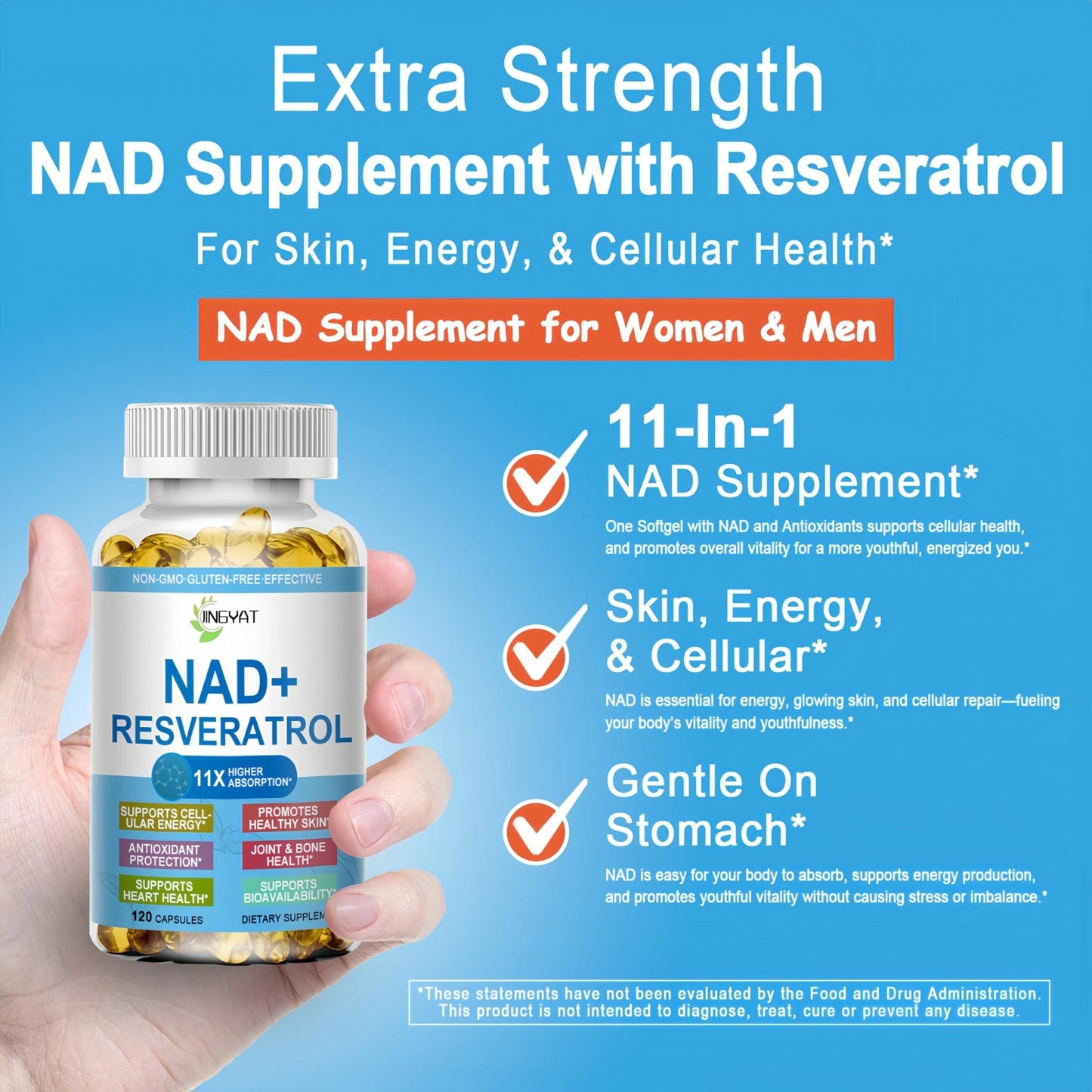JINGYAT 11-in-1 NAD Supplement with Resveratrol, CoQ10, Quercetin, Collagen, Grape Seed for Cellular Energy, Mental Focus & Antioxidant Support - NAD Supplement for Women & Men, 120 Soft Capsules - Maple Wellness Supplements