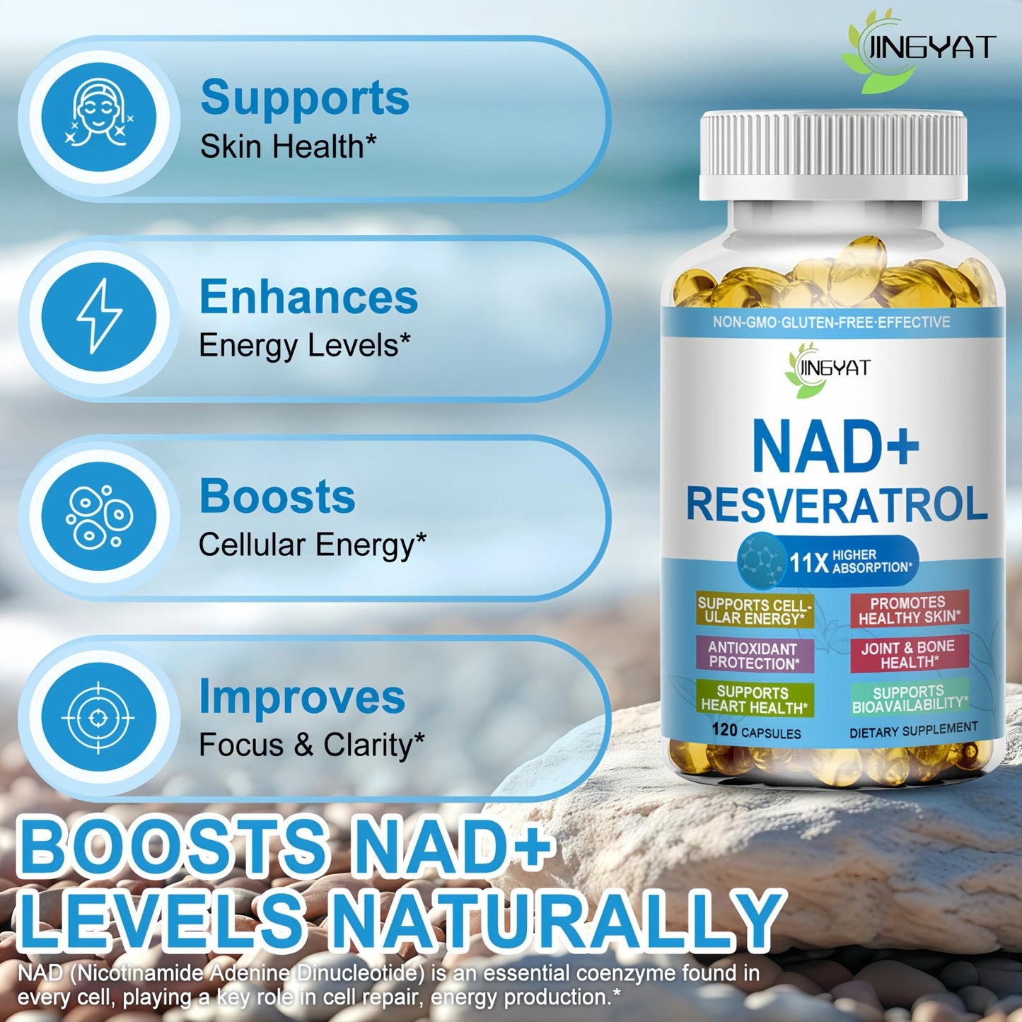 JINGYAT 11-in-1 NAD Supplement with Resveratrol, CoQ10, Quercetin, Collagen, Grape Seed for Cellular Energy, Mental Focus & Antioxidant Support - NAD Supplement for Women & Men, 120 Soft Capsules - Maple Wellness Supplements