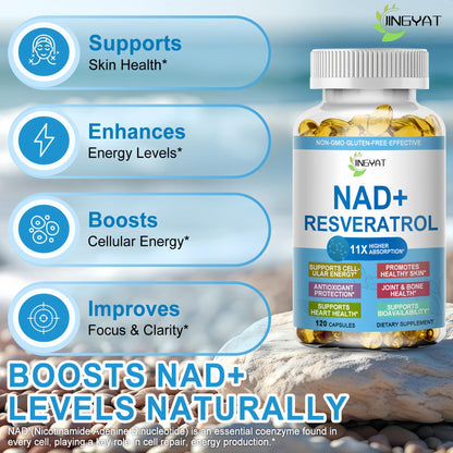 JINGYAT 11-in-1 NAD Supplement with Resveratrol, CoQ10, Quercetin, Collagen, Grape Seed for Cellular Energy, Mental Focus & Antioxidant Support - NAD Supplement for Women & Men, 120 Soft Capsules - Maple Wellness Supplements