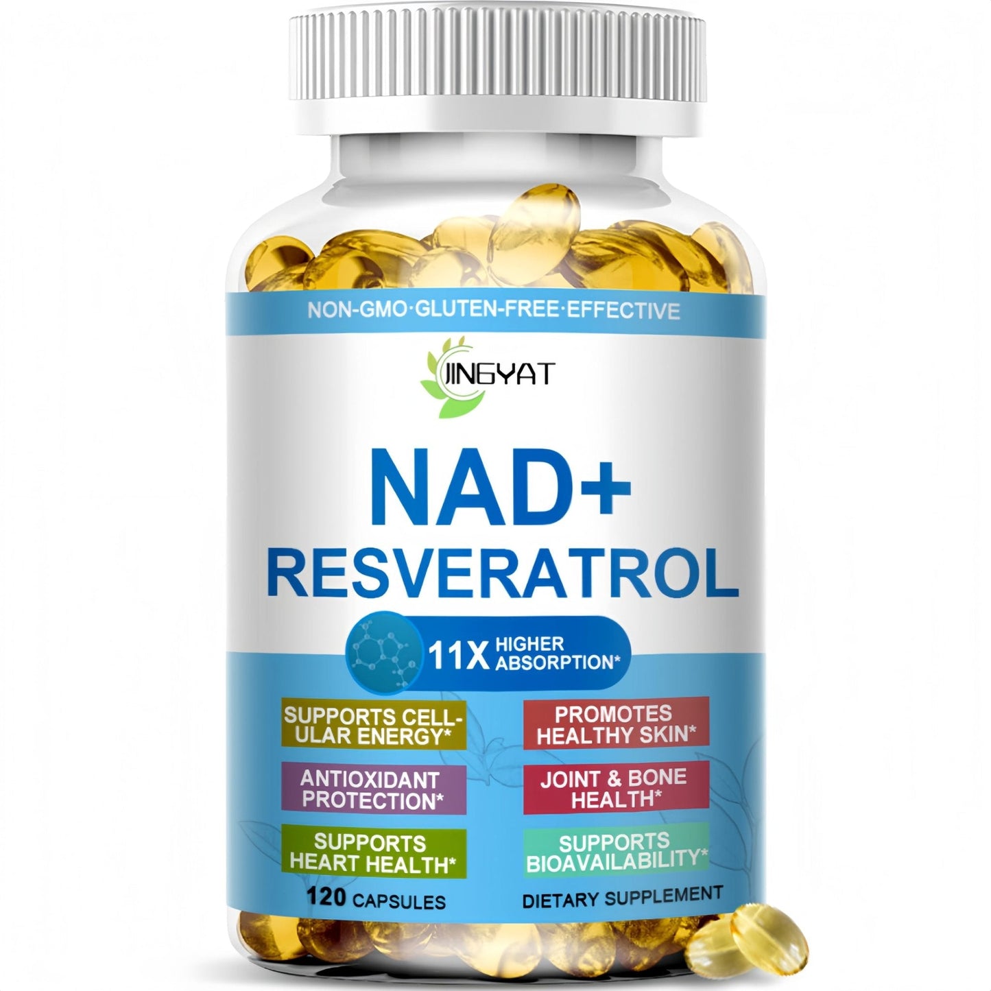 JINGYAT 11-in-1 NAD Supplement with Resveratrol, CoQ10, Quercetin, Collagen, Grape Seed for Cellular Energy, Mental Focus & Antioxidant Support - NAD Supplement for Women & Men, 120 Soft Capsules - Maple Wellness Supplements