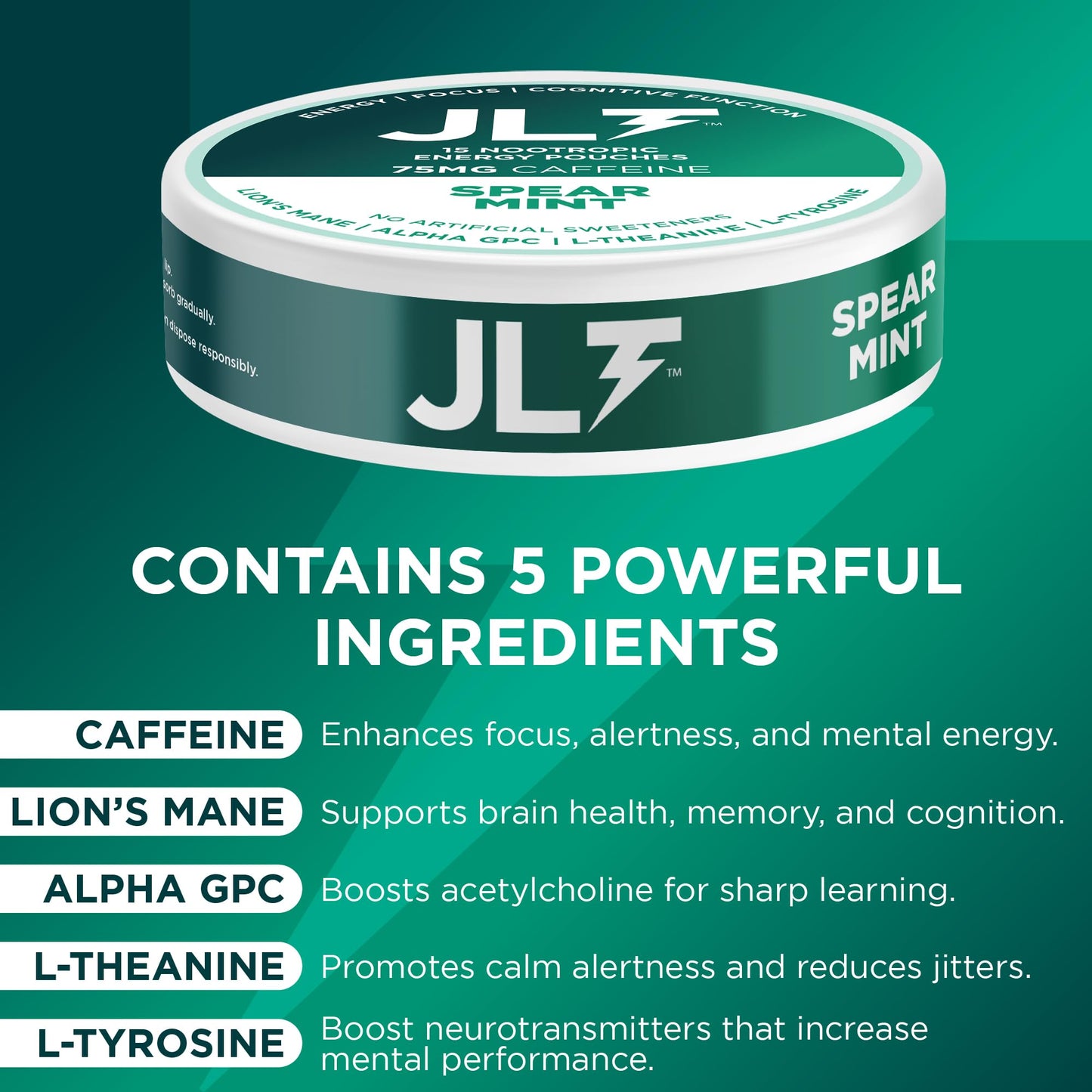 JLT 75 mg Caffeine Nootropic Pouches | Nootropic Energy Pouches with 75mg Caffeine, Lion's Mane, Alpha GPC, L-Tyrosine & L-Theanine with no Artificial Sweeteners | 15 Pouches Per Can - Maple Wellness Supplements