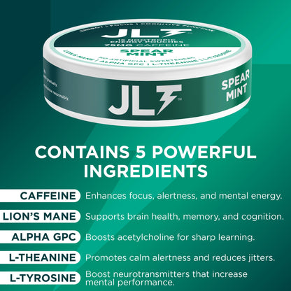 JLT 75 mg Caffeine Nootropic Pouches | Nootropic Energy Pouches with 75mg Caffeine, Lion's Mane, Alpha GPC, L-Tyrosine & L-Theanine with no Artificial Sweeteners | 15 Pouches Per Can - Maple Wellness Supplements