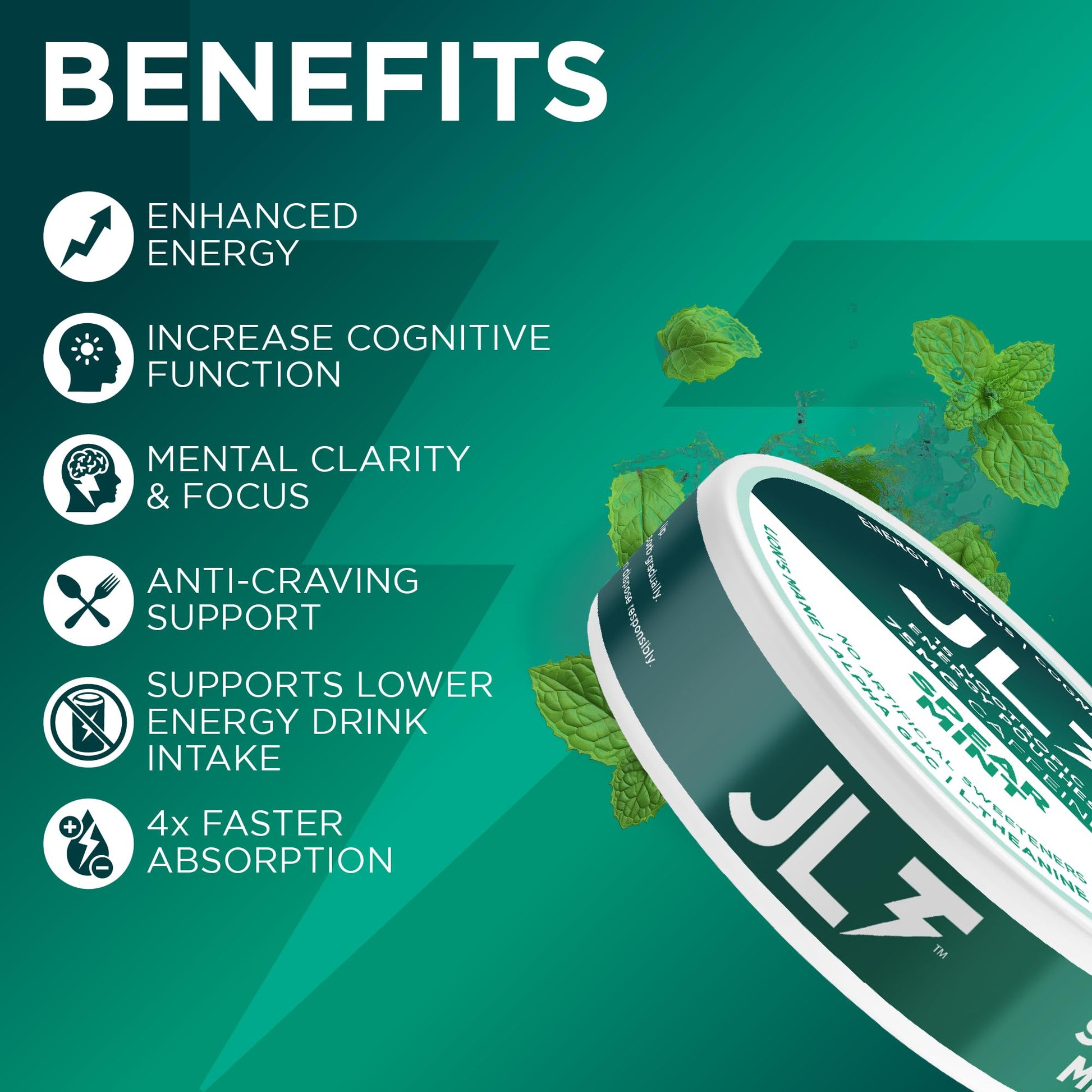 JLT 75 mg Caffeine Nootropic Pouches | Nootropic Energy Pouches with 75mg Caffeine, Lion's Mane, Alpha GPC, L-Tyrosine & L-Theanine with no Artificial Sweeteners | 15 Pouches Per Can - Maple Wellness Supplements