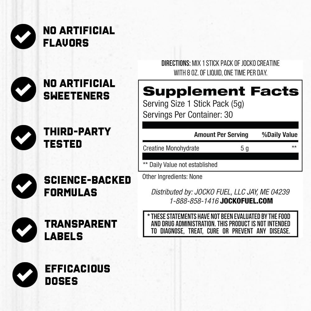 Jocko Fuel Creatine Monohydrate Stick Packs - Pure Micronized Travel Size Powders for Men & Women, Supports Muscle Growth, Strength, Recovery & Cognition, - Maple Wellness Supplements