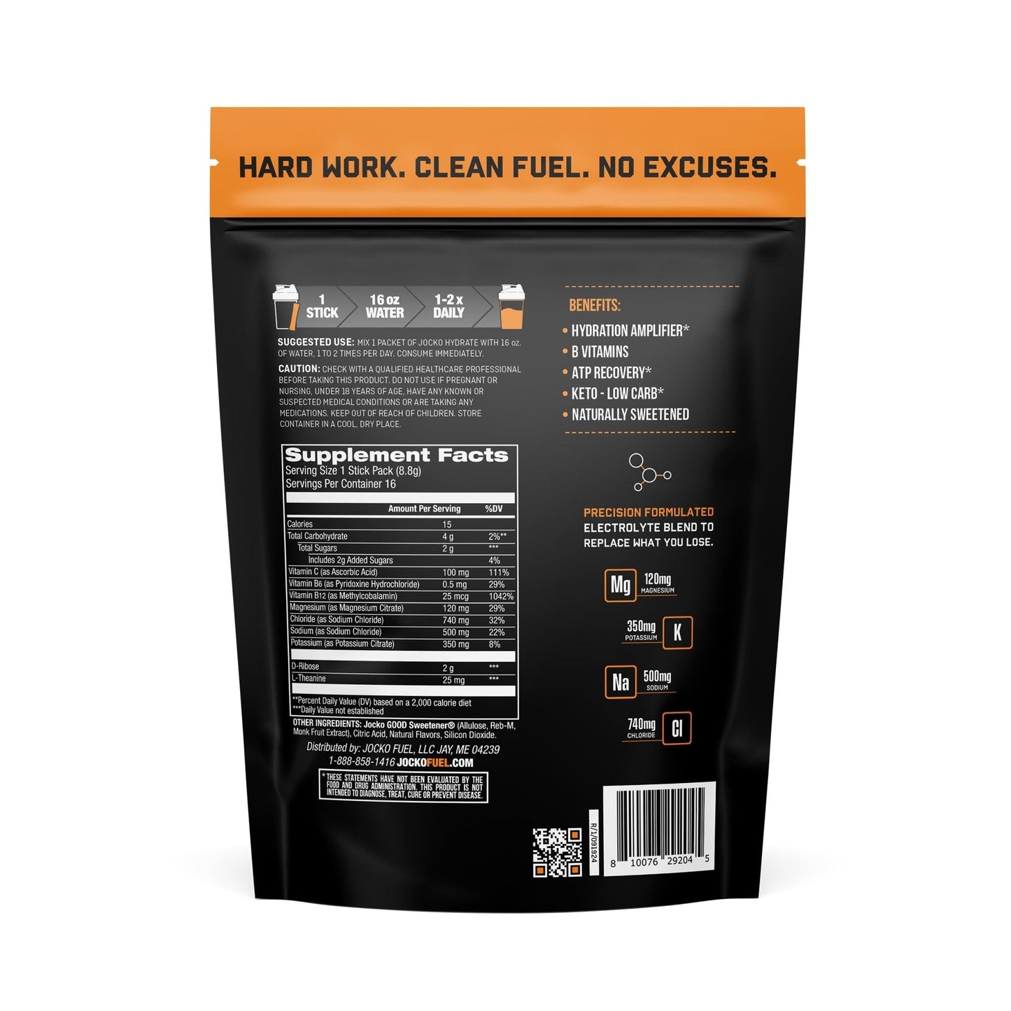 Jocko Fuel Hydrate Electrolytes Powder Packets Low Sugar - Hydration Amplifier Packets for Recovery, Dehydration, & Exercise - with Vitamins B6, B12 & C - Maple Wellness Supplements