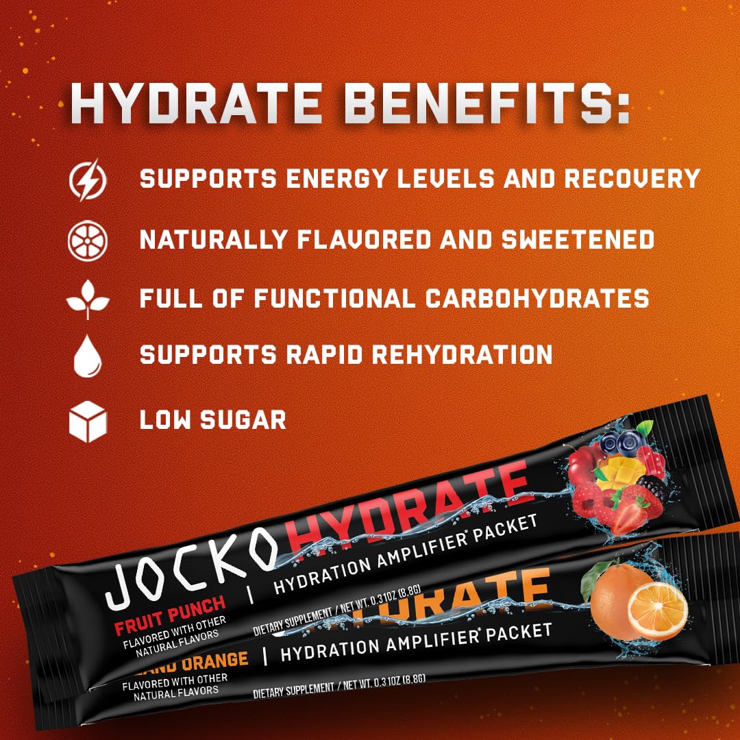Jocko Fuel Hydrate Electrolytes Powder Packets Low Sugar - Hydration Amplifier Packets for Recovery, Dehydration, & Exercise - with Vitamins B6, B12 & C - Maple Wellness Supplements