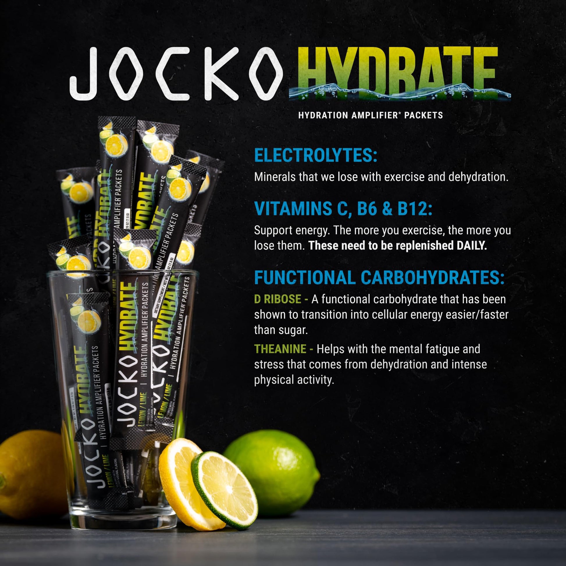 Jocko Fuel Packets Low Sugar - Hydration Amplifier Packets for Recovery, Dehydration, & Exercise - with Vitamins B6, B12 & C (16 Packets) Lemon Lime - Maple Wellness Supplements