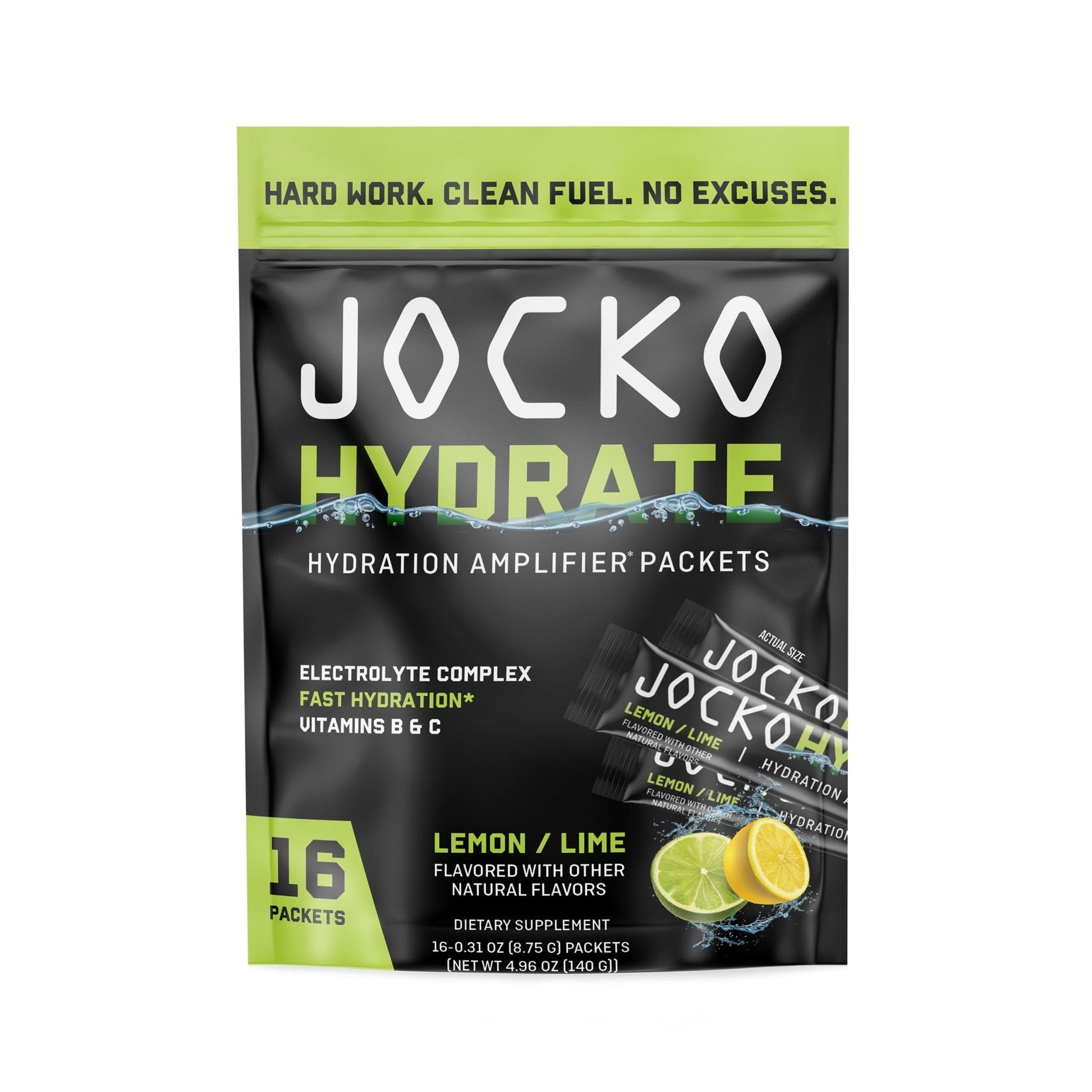 Jocko Fuel Packets Low Sugar - Hydration Amplifier Packets for Recovery, Dehydration, & Exercise - with Vitamins B6, B12 & C (16 Packets) Lemon Lime - Maple Wellness Supplements