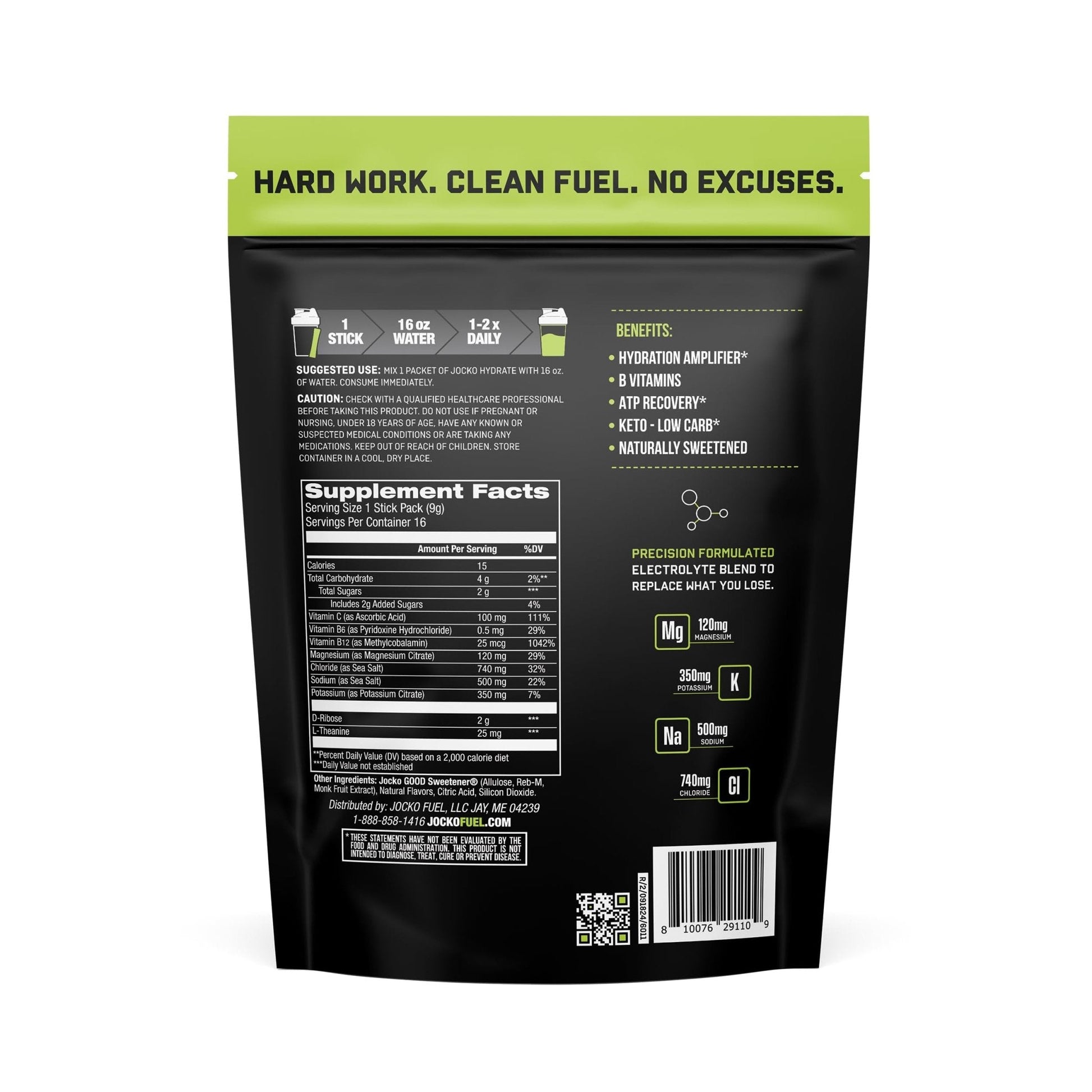 Jocko Fuel Packets Low Sugar - Hydration Amplifier Packets for Recovery, Dehydration, & Exercise - with Vitamins B6, B12 & C (16 Packets) Lemon Lime - Maple Wellness Supplements