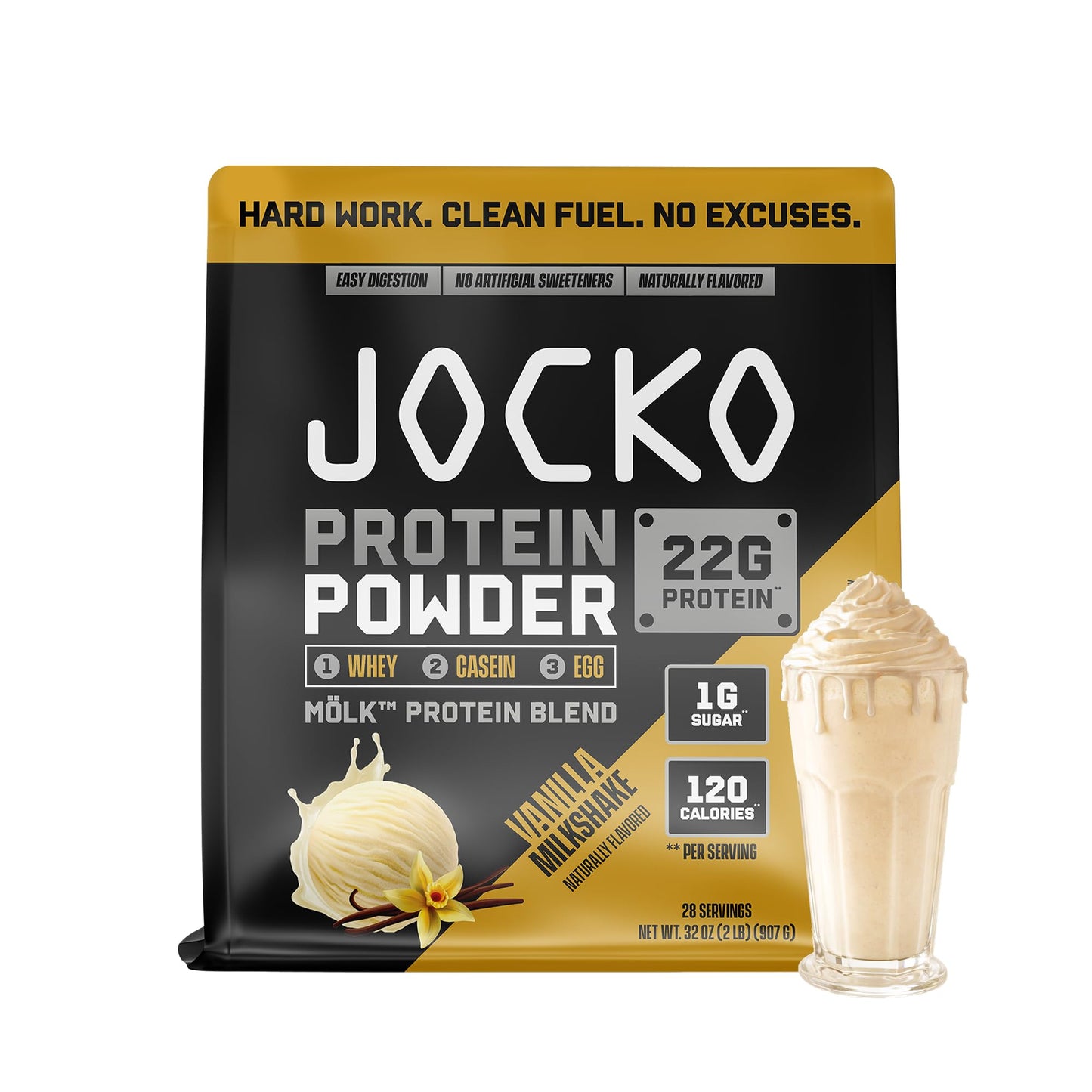 Jocko Fuel Whey Protein Powder, Vanilla Milkshake, 22g Protein, Digestive Enzymes + Probiotic Blend, No Sugar Added, with Essential Amino Acids + Electrolyte Minerals, 28 Servings - Maple Wellness Supplements