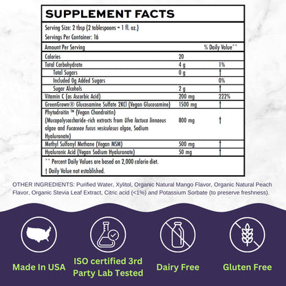 Joint Nourish – 100% Vegan Liquid Joint Supplement | Vegan Glucosamine, Chondroitin, MSM, Hyaluronic Acid & Vitamin C | Mango-Peach | Supports Joint Mobility, Cartilage & Skin | Sugar-Free,16 Servings - Maple Wellness Supplements