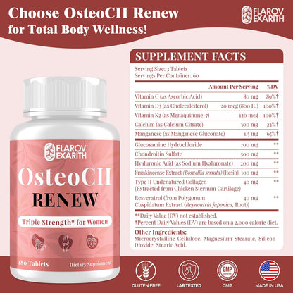 Joint Supplements for Women OsteoCII Renew Triple Strength – Advanced Joint, Bone & Skin Formula – Collagen, Glucosamine, Chondroitin, Calcium, MK-7, Vitamin D3, Hyaluronic Acid, 180 Tablets - Maple Wellness Supplements