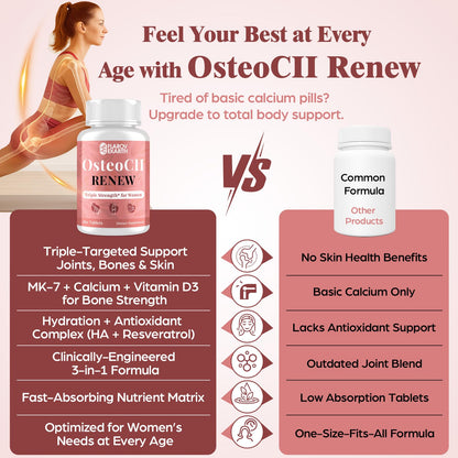 Joint Supplements for Women OsteoCII Renew Triple Strength – Advanced Joint, Bone & Skin Formula – Collagen, Glucosamine, Chondroitin, Calcium, MK-7, Vitamin D3, Hyaluronic Acid, 180 Tablets - Maple Wellness Supplements