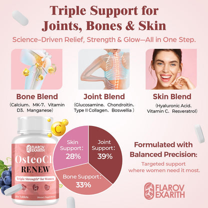 Joint Supplements for Women OsteoCII Renew Triple Strength – Advanced Joint, Bone & Skin Formula – Collagen, Glucosamine, Chondroitin, Calcium, MK-7, Vitamin D3, Hyaluronic Acid, 180 Tablets - Maple Wellness Supplements