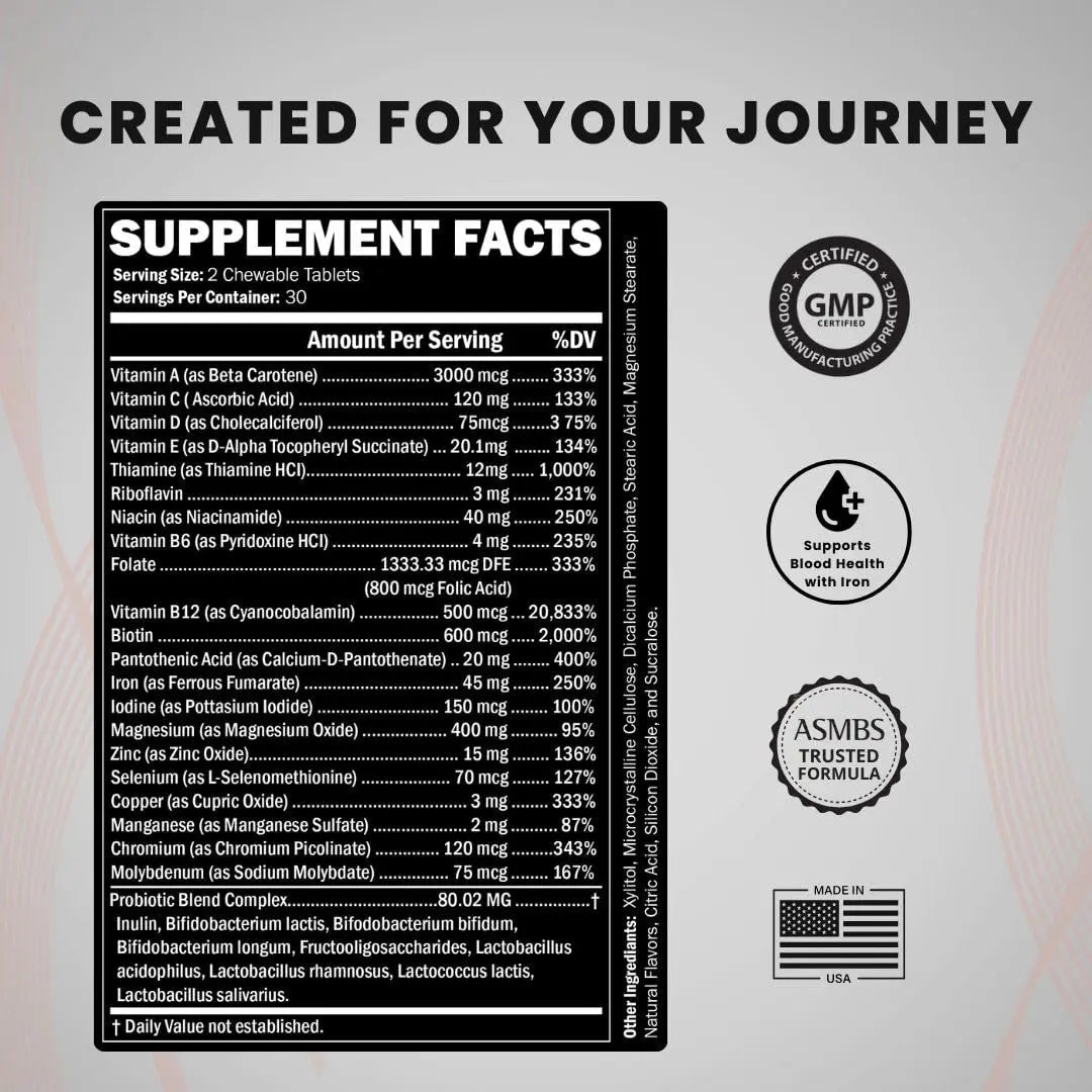 Journey Bariatric Multivitamin with Probiotics & Iron – Chewable, Berry (60 Count) - Maple Wellness Supplements
