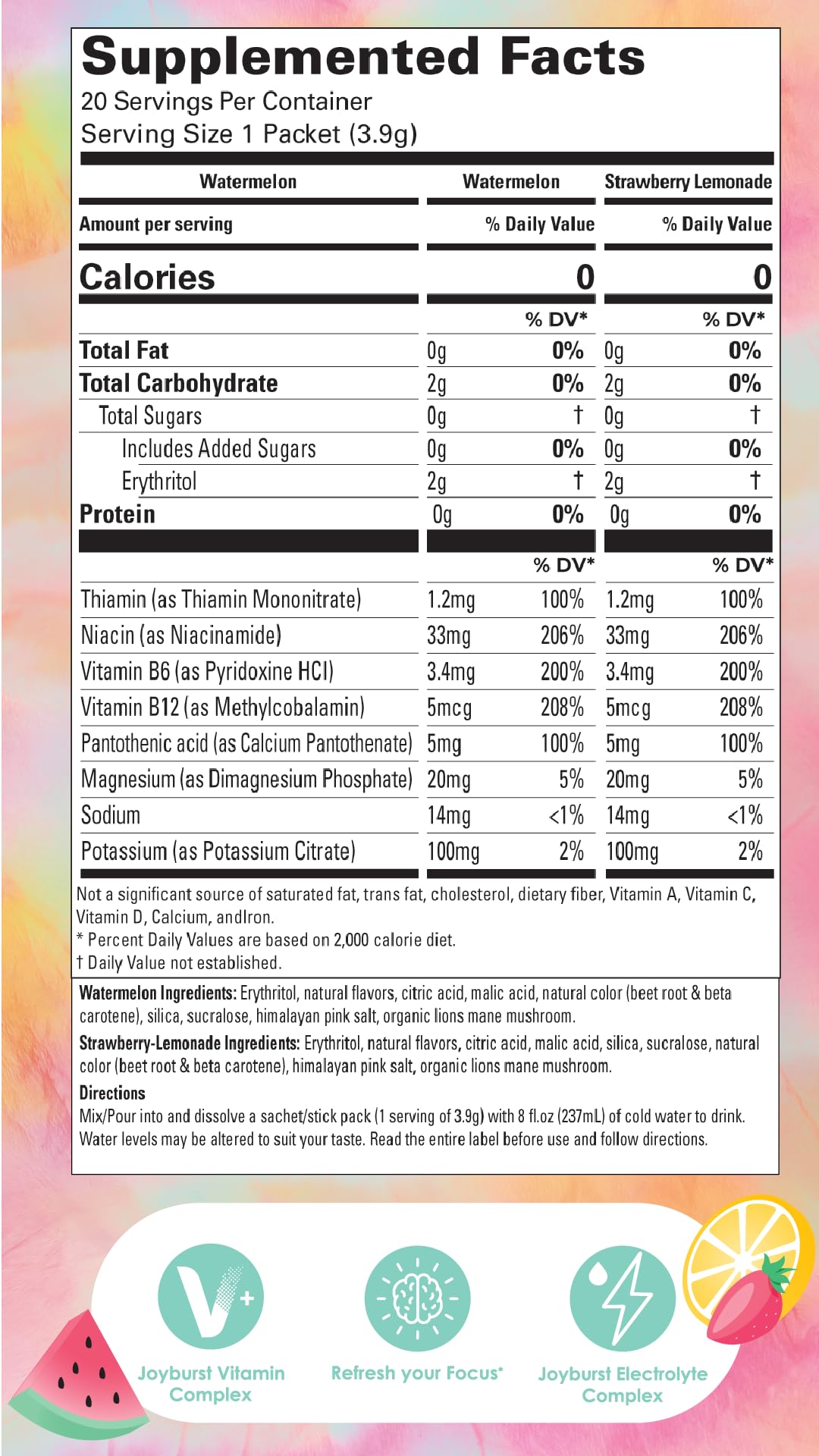 Joyburst Sugar Free Electrolytes Powder Packets, Instant Hydration Drink Mix Sticks, Variety Pack (10 Watermelon, 10 Strawberry Lemonade), Rehydrate On-The-Go - Maple Wellness Supplements