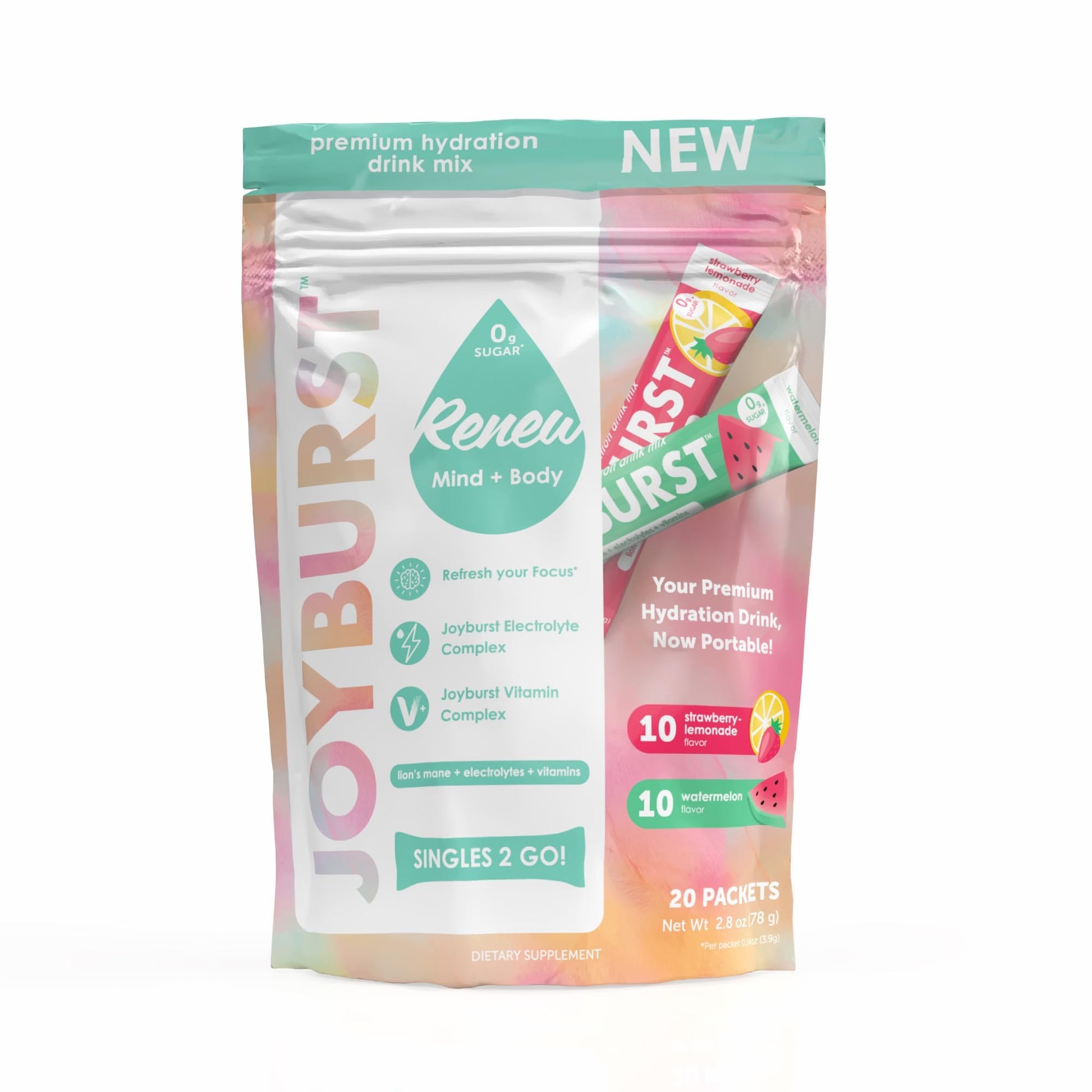 Joyburst Sugar Free Electrolytes Powder Packets, Instant Hydration Drink Mix Sticks, Variety Pack (10 Watermelon, 10 Strawberry Lemonade), Rehydrate On-The-Go - Maple Wellness Supplements