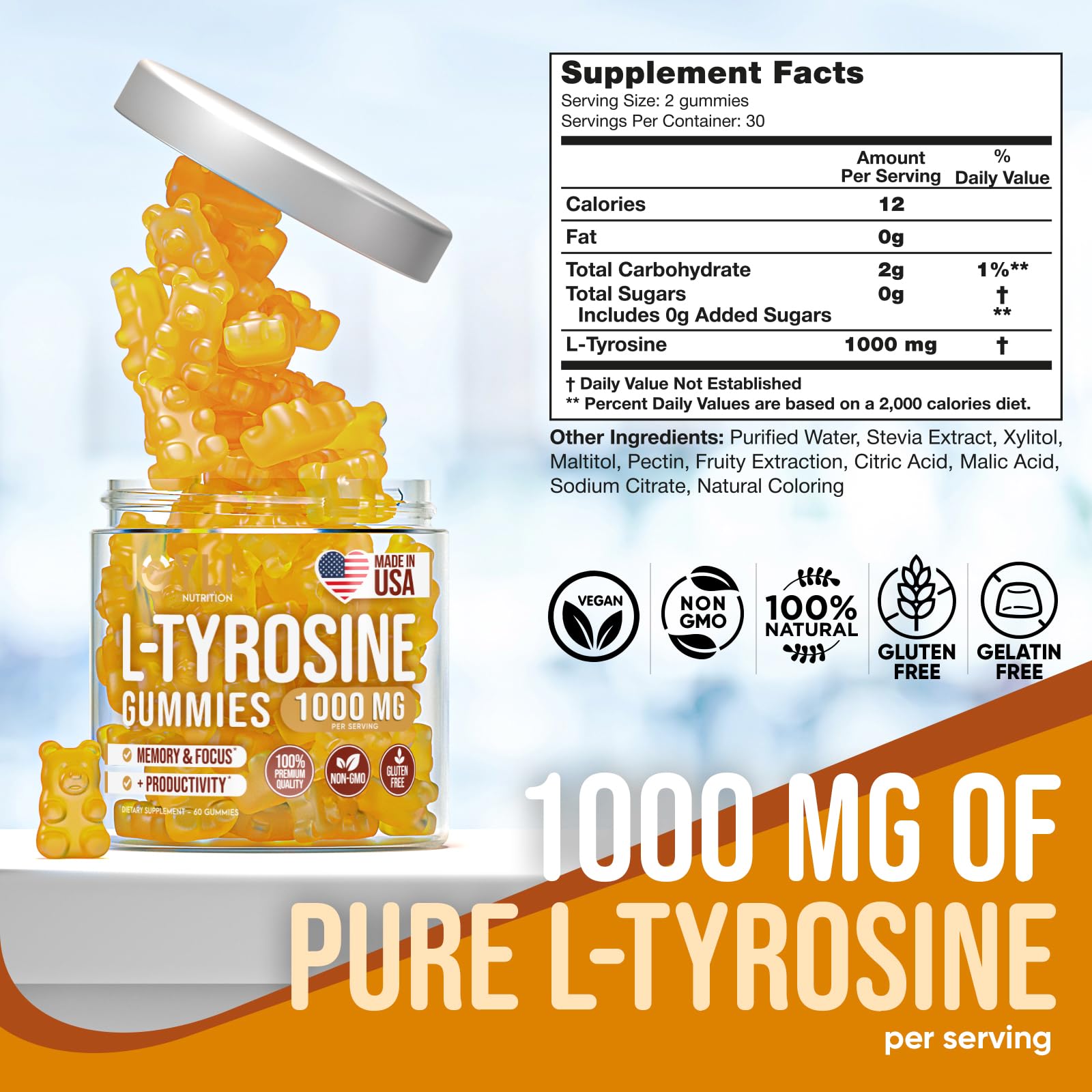Joyli L Tyrosine Gummies 1000MG - L-Tyrosine Supplement for Kids & Adults - Calm & Focus Gummies for Brain, Memory, Mood, and Energy - 500mg L- Tyrosine Powder per Gummy - Vegan, Gluten-Free - Maple Wellness Supplements
