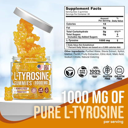 Joyli L Tyrosine Gummies 1000MG - L-Tyrosine Supplement for Kids & Adults - Calm & Focus Gummies for Brain, Memory, Mood, and Energy - 500mg L- Tyrosine Powder per Gummy - Vegan, Gluten-Free - Maple Wellness Supplements