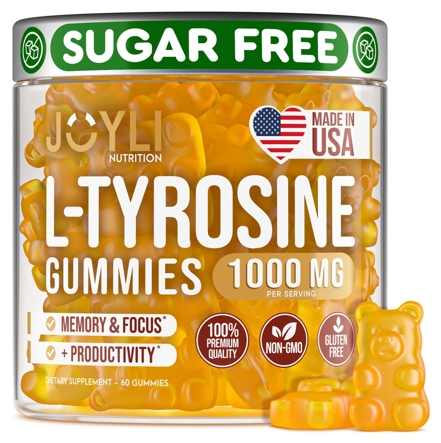Joyli L Tyrosine Gummies 1000MG - L-Tyrosine Supplement for Kids & Adults - Calm & Focus Gummies for Brain, Memory, Mood, and Energy - 500mg L- Tyrosine Powder per Gummy - Vegan, Gluten-Free - Maple Wellness Supplements