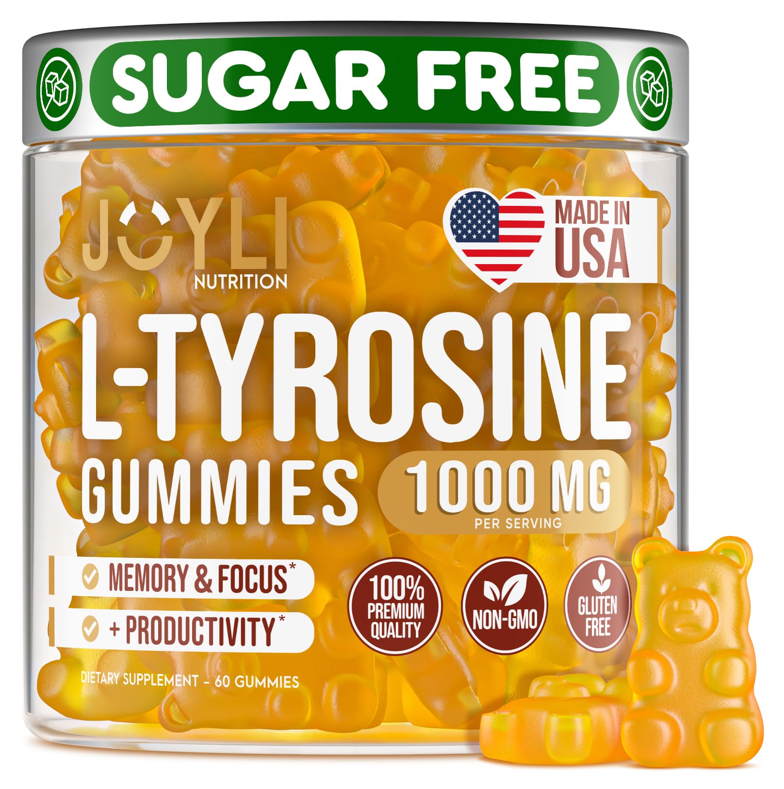 Joyli L Tyrosine Gummies 1000MG - L-Tyrosine Supplement for Kids & Adults - Calm & Focus Gummies for Brain, Memory, Mood, and Energy - 500mg L- Tyrosine Powder per Gummy - Vegan, Gluten-Free - Maple Wellness Supplements