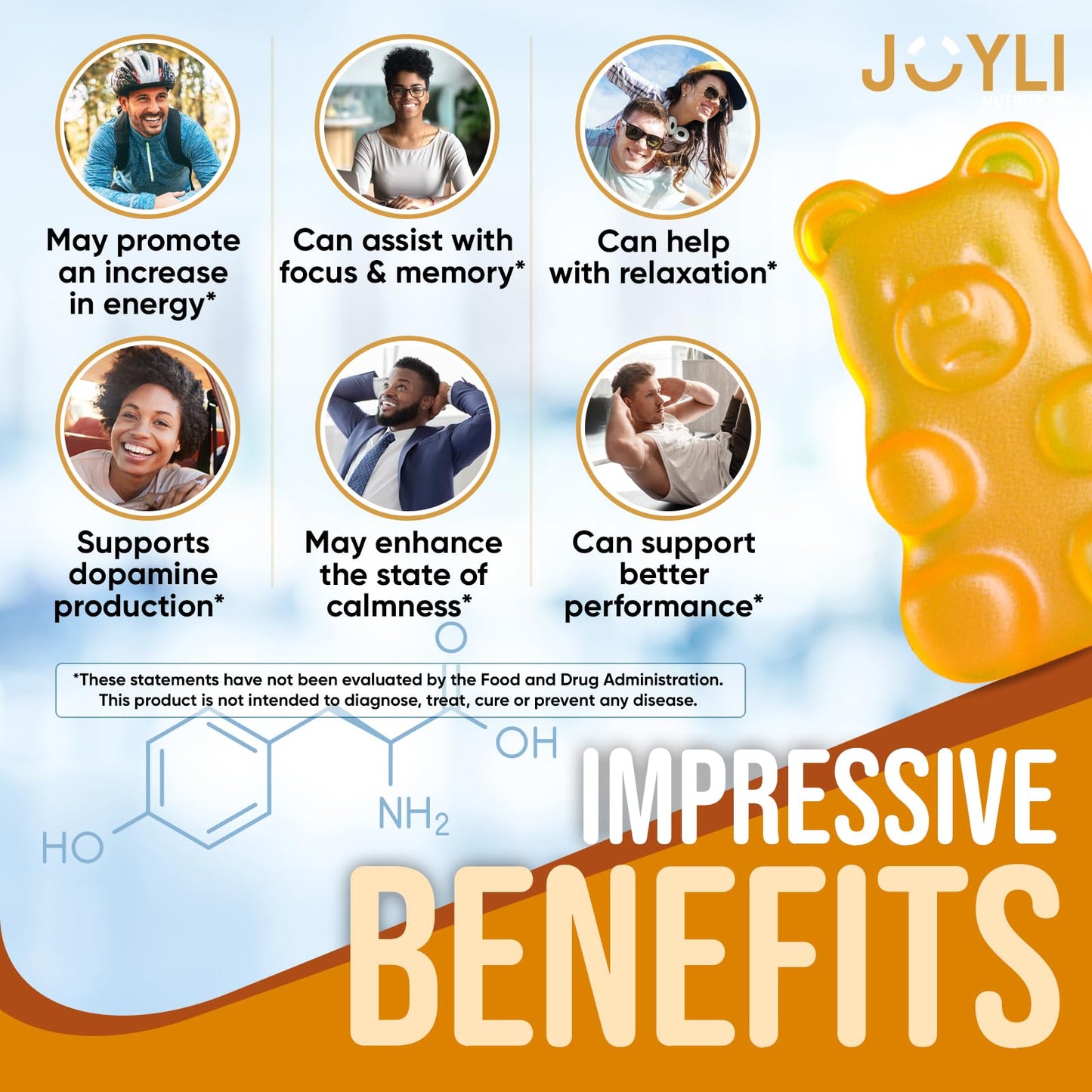 Joyli L Tyrosine Gummies 1000MG - L-Tyrosine Supplement for Kids & Adults - Calm & Focus Gummies for Brain, Memory, Mood, and Energy - 500mg L- Tyrosine Powder per Gummy - Vegan, Gluten-Free - Maple Wellness Supplements