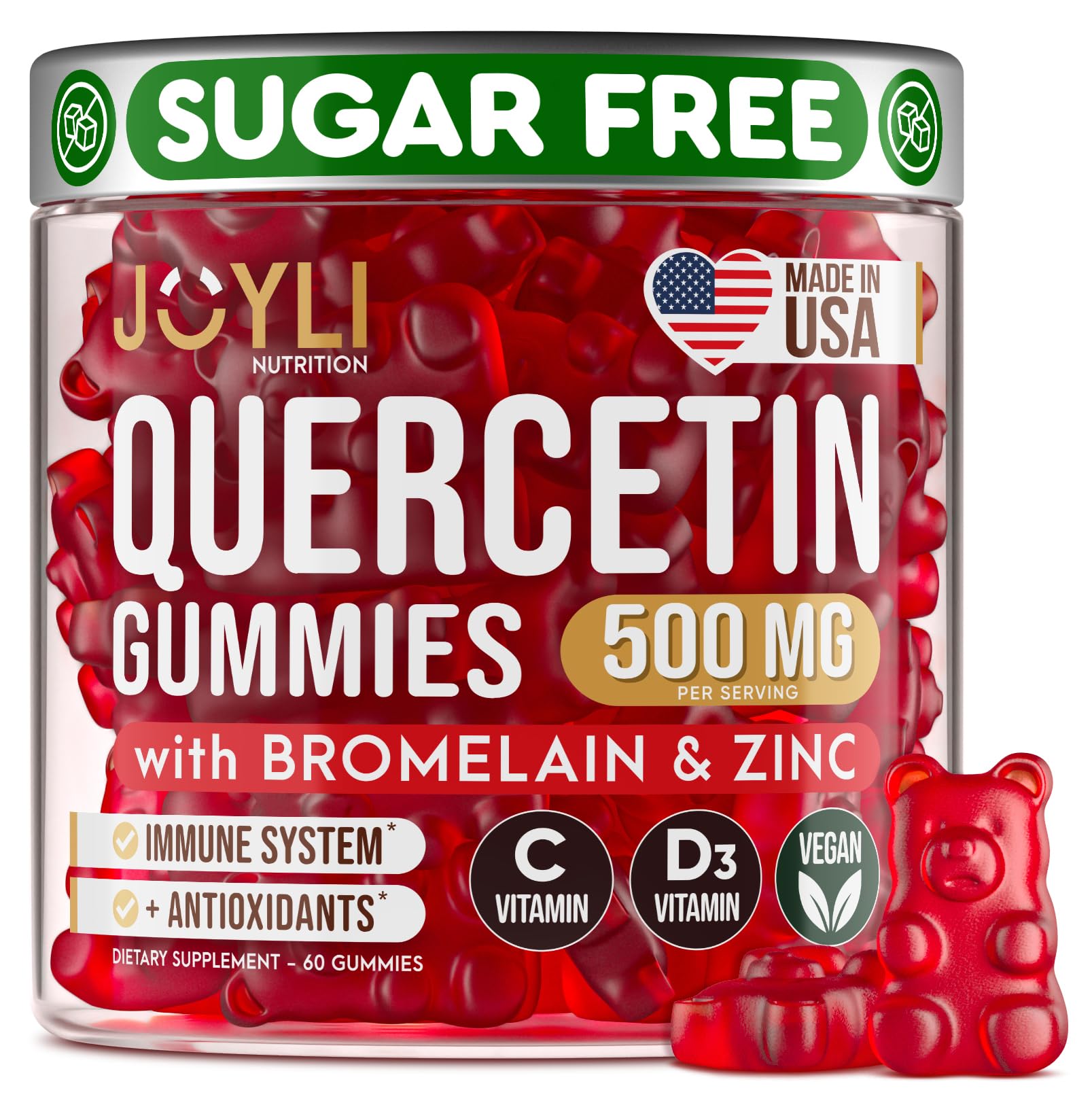 JOYLI Quercetin Gummies - Quercetin with Bromelain Zinc Vitamin C & Vitamin D3 - Quercetin Supplement 500MG for Immune System & Allergy - Quercetin for Kids and Adults - 60 Quercetin Chewable - Maple Wellness Supplements