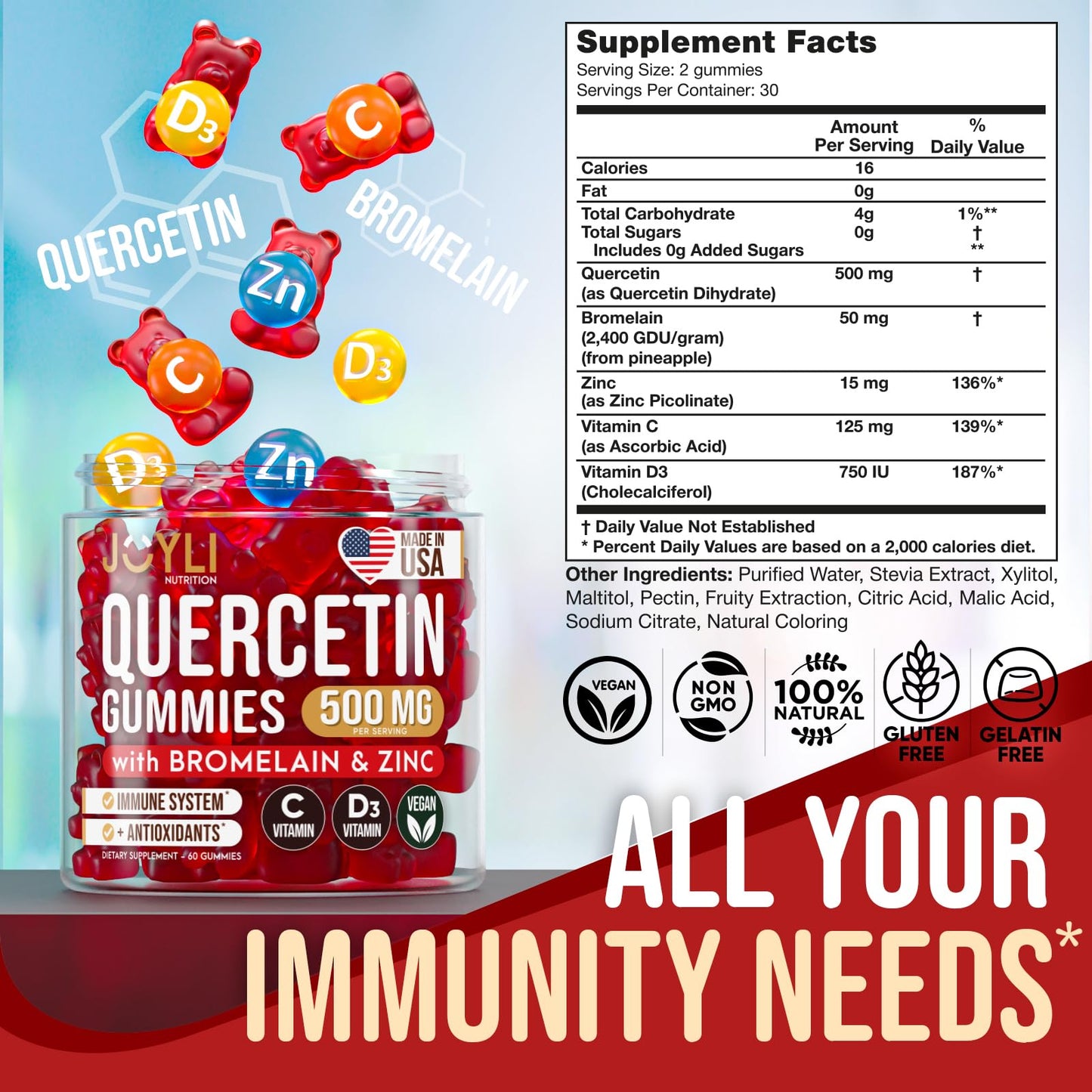 JOYLI Quercetin Gummies - Quercetin with Bromelain Zinc Vitamin C & Vitamin D3 - Quercetin Supplement 500MG for Immune System & Allergy - Quercetin for Kids and Adults - 60 Quercetin Chewable - Maple Wellness Supplements
