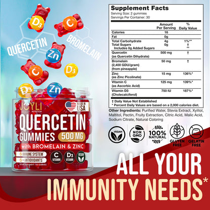 JOYLI Quercetin Gummies - Quercetin with Bromelain Zinc Vitamin C & Vitamin D3 - Quercetin Supplement 500MG for Immune System & Allergy - Quercetin for Kids and Adults - 60 Quercetin Chewable - Maple Wellness Supplements