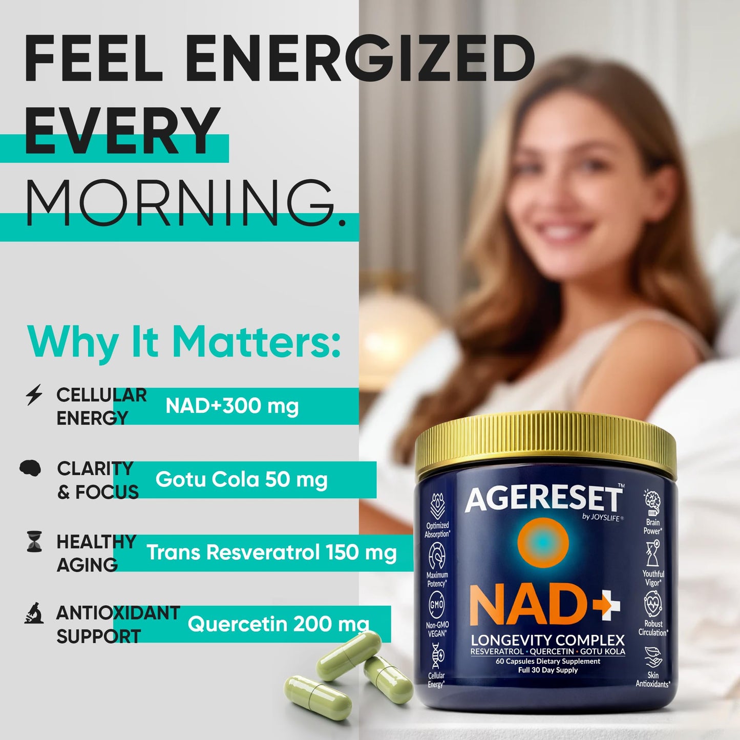 JoysLife AGERESET NAD Supplement NMN Alternative Liposomal + Gotu Kola for Women & Men w/Resveratrol, Quercetin, Gotu Kola - Maple Wellness Supplements