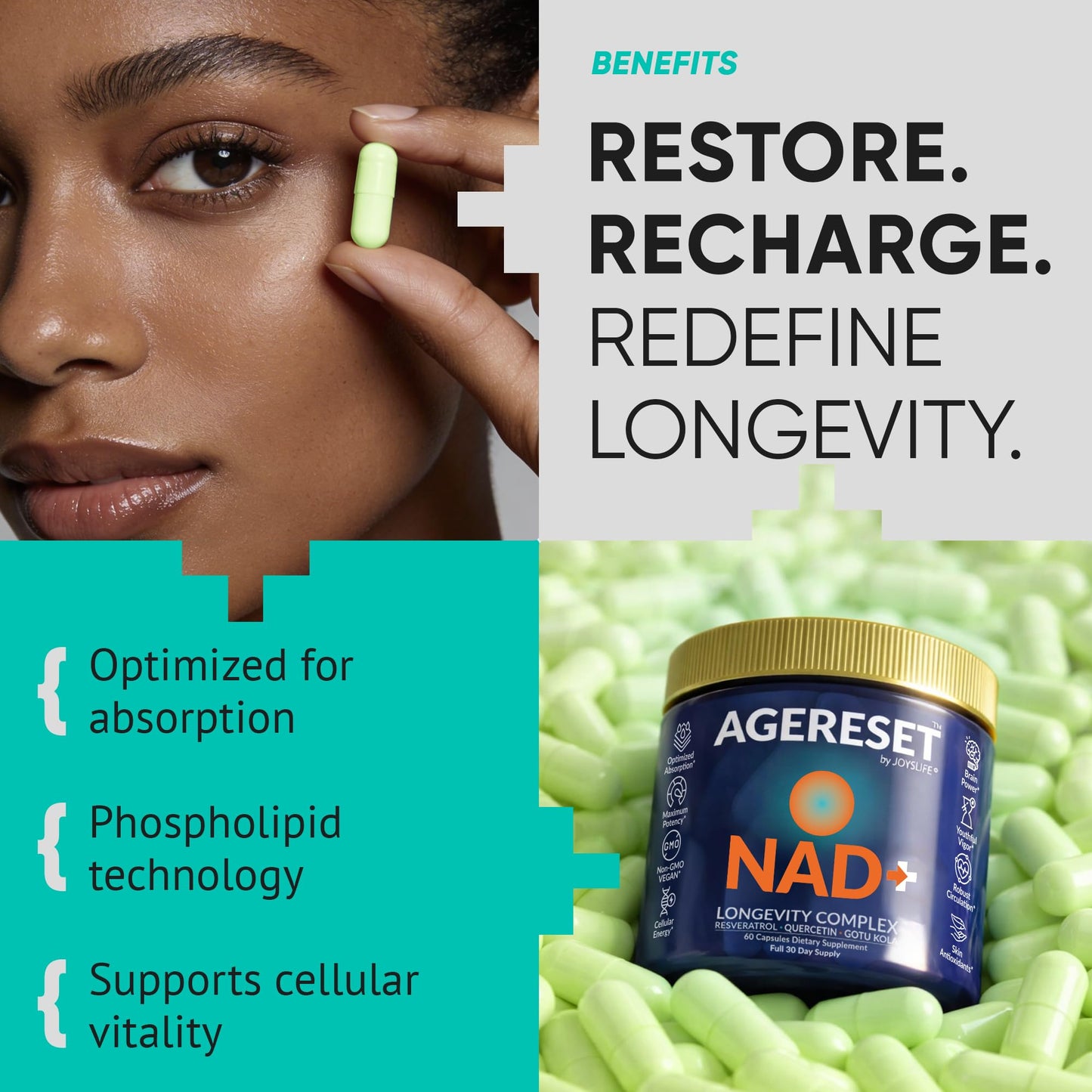 JoysLife AGERESET NAD Supplement NMN Alternative Liposomal + Gotu Kola for Women & Men w/Resveratrol, Quercetin, Gotu Kola - Maple Wellness Supplements