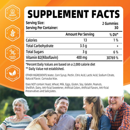 Joywiit Vitamin B2 Gummies | Riboflavin 400mg | B2 Vitamin 400mg Chewable for Adults and Kids, Migraine Relief & Energy and Nervous System Support - Maple Wellness Supplements