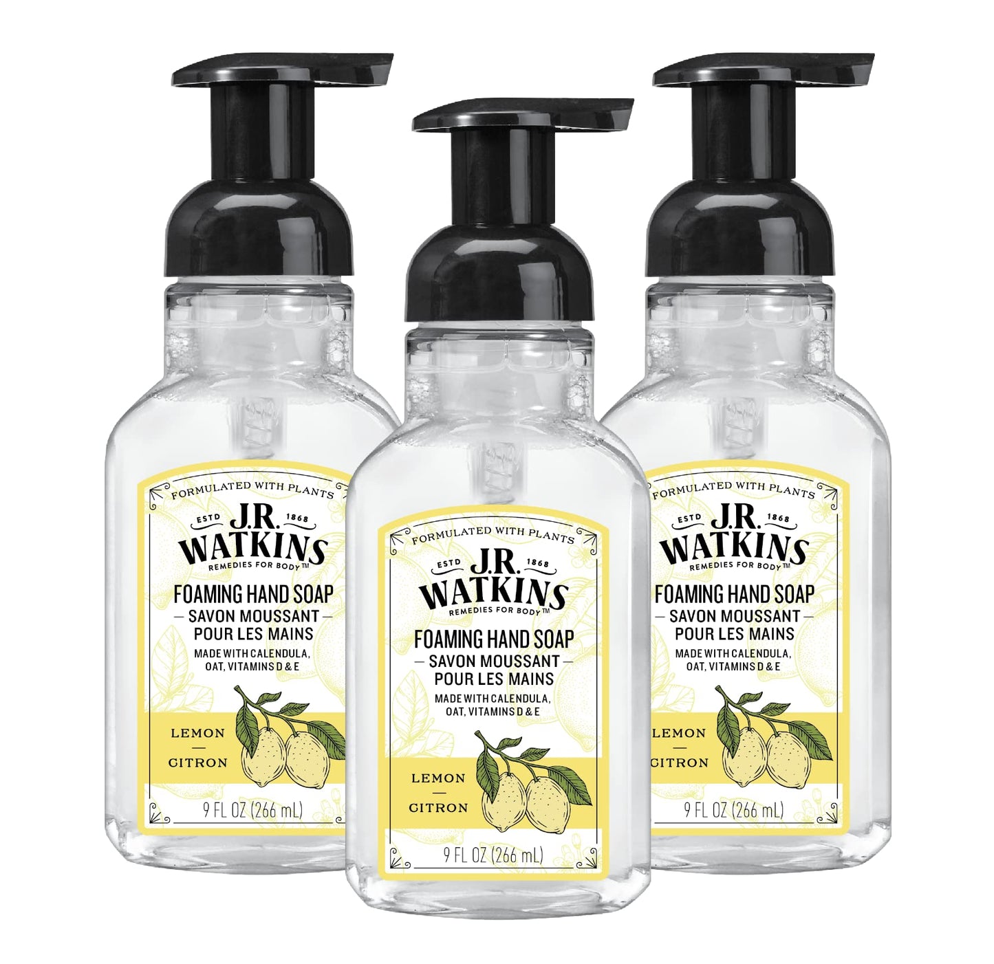 J.R. Watkins Foaming Hand Soap with Pump Dispenser, Moisturizing Foam Hand Wash, Alcohol-Free, Cruelty-Free, Citron, 9 fl oz, 3 Pack - Maple Wellness Supplements