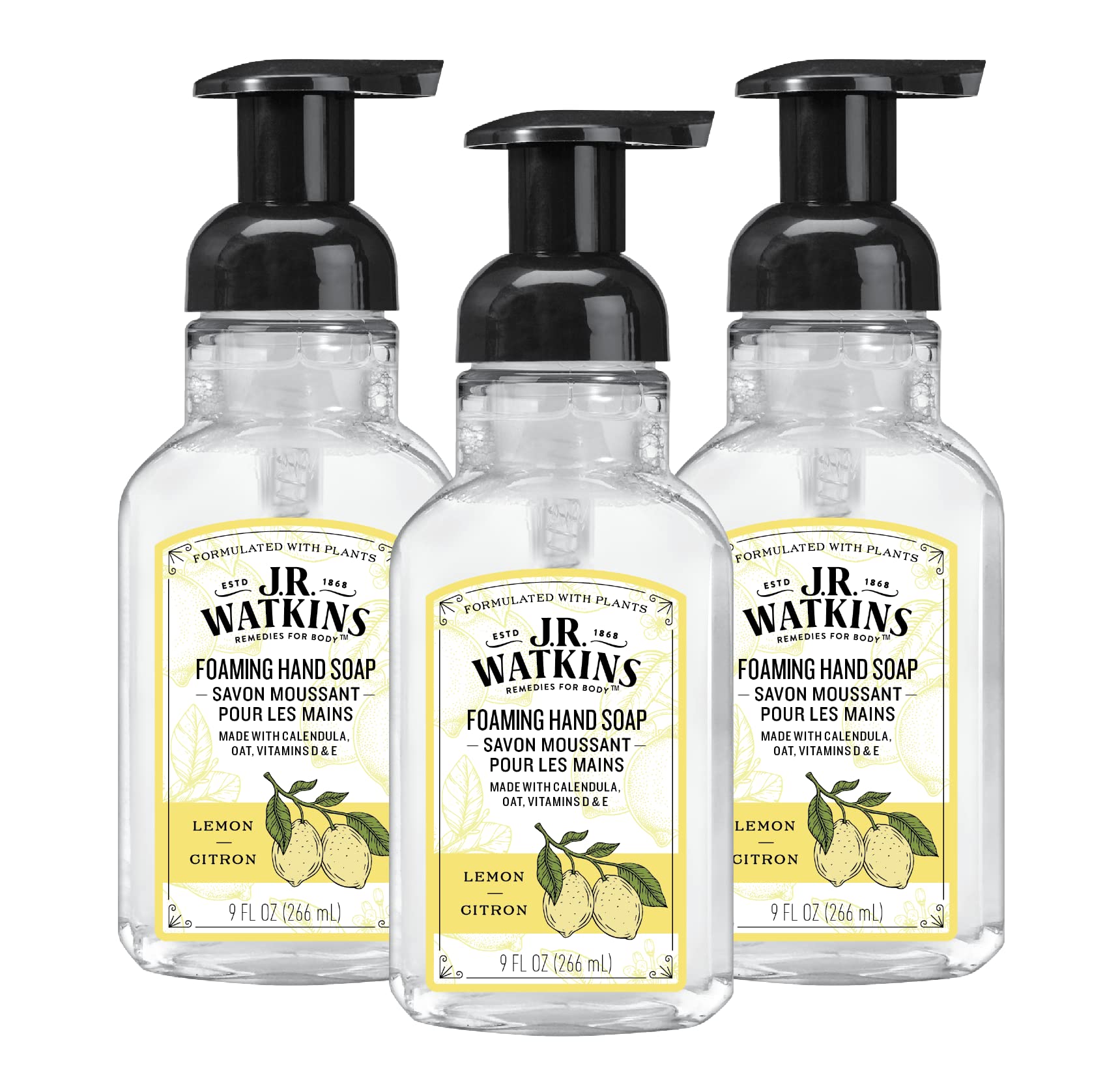 J.R. Watkins Foaming Hand Soap with Pump Dispenser, Moisturizing Foam Hand Wash, Alcohol-Free, Cruelty-Free, Citron, 9 fl oz, 3 Pack - Maple Wellness Supplements