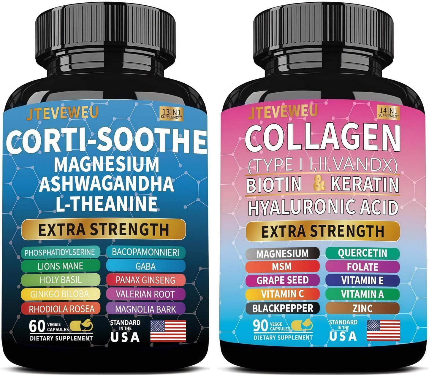 JTEVEweu Shining Serenity Set, Cortisol Support with Ashwagandha, L-Theanine, Magnesium, Lions Mane, GABA, Bacopa Monnieri, Collagen Biotin, Keratin, Hyaluronic Acid, Quercetin - Maple Wellness Supplements