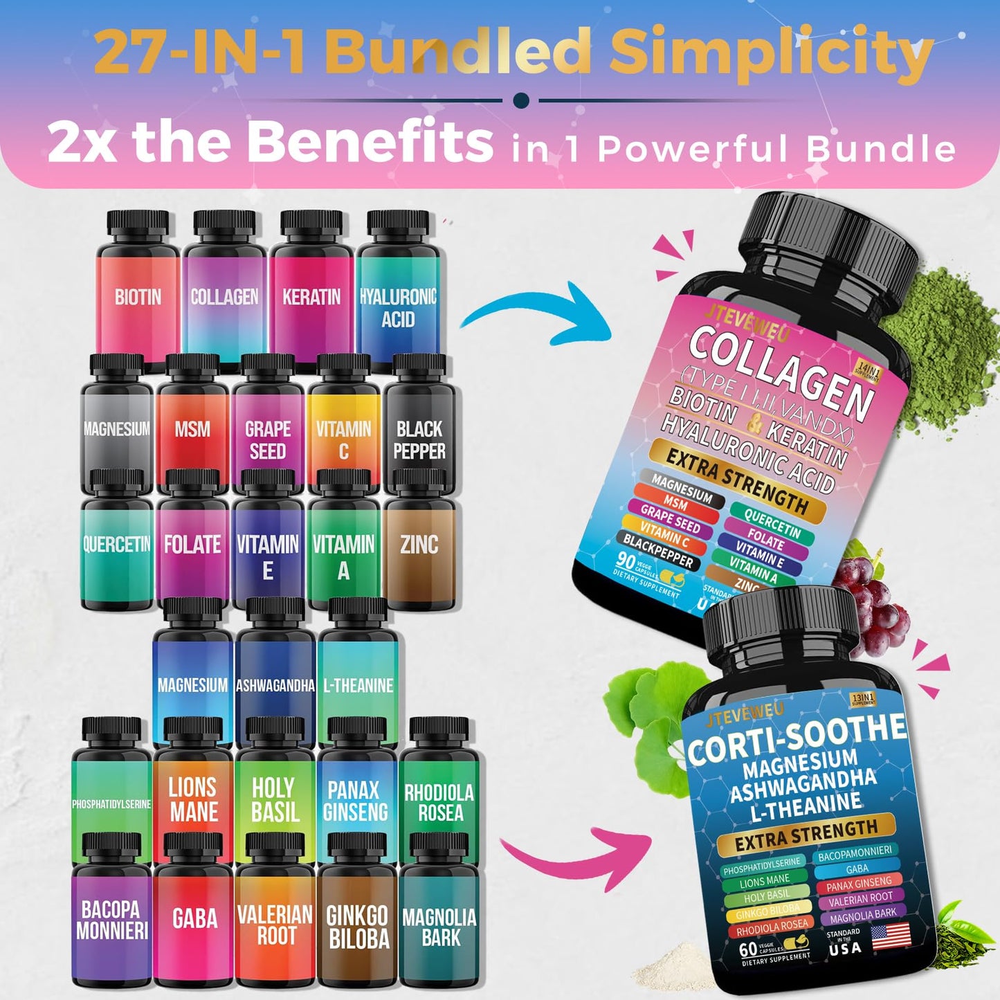 JTEVEweu Shining Serenity Set, Cortisol Support with Ashwagandha, L-Theanine, Magnesium, Lions Mane, GABA, Bacopa Monnieri, Collagen Biotin, Keratin, Hyaluronic Acid, Quercetin - Maple Wellness Supplements