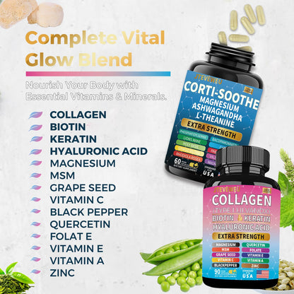 JTEVEweu Shining Serenity Set, Cortisol Support with Ashwagandha, L-Theanine, Magnesium, Lions Mane, GABA, Bacopa Monnieri, Collagen Biotin, Keratin, Hyaluronic Acid, Quercetin - Maple Wellness Supplements