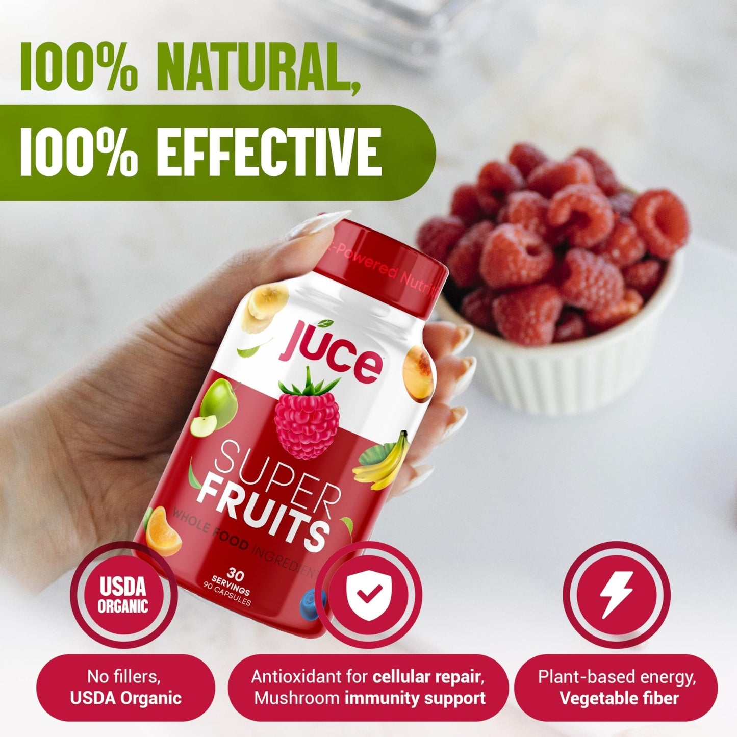 Juce Original Formula - Organic Super Fruit & Veggies Supplement - Gluten/Gelatin Free, Soy Free & Vegan- Reds & Greens Superfood Capsules- 23 Fruits & 23 Vegetables (180 Count)- By Terra Kai Organics - Maple Wellness Supplements