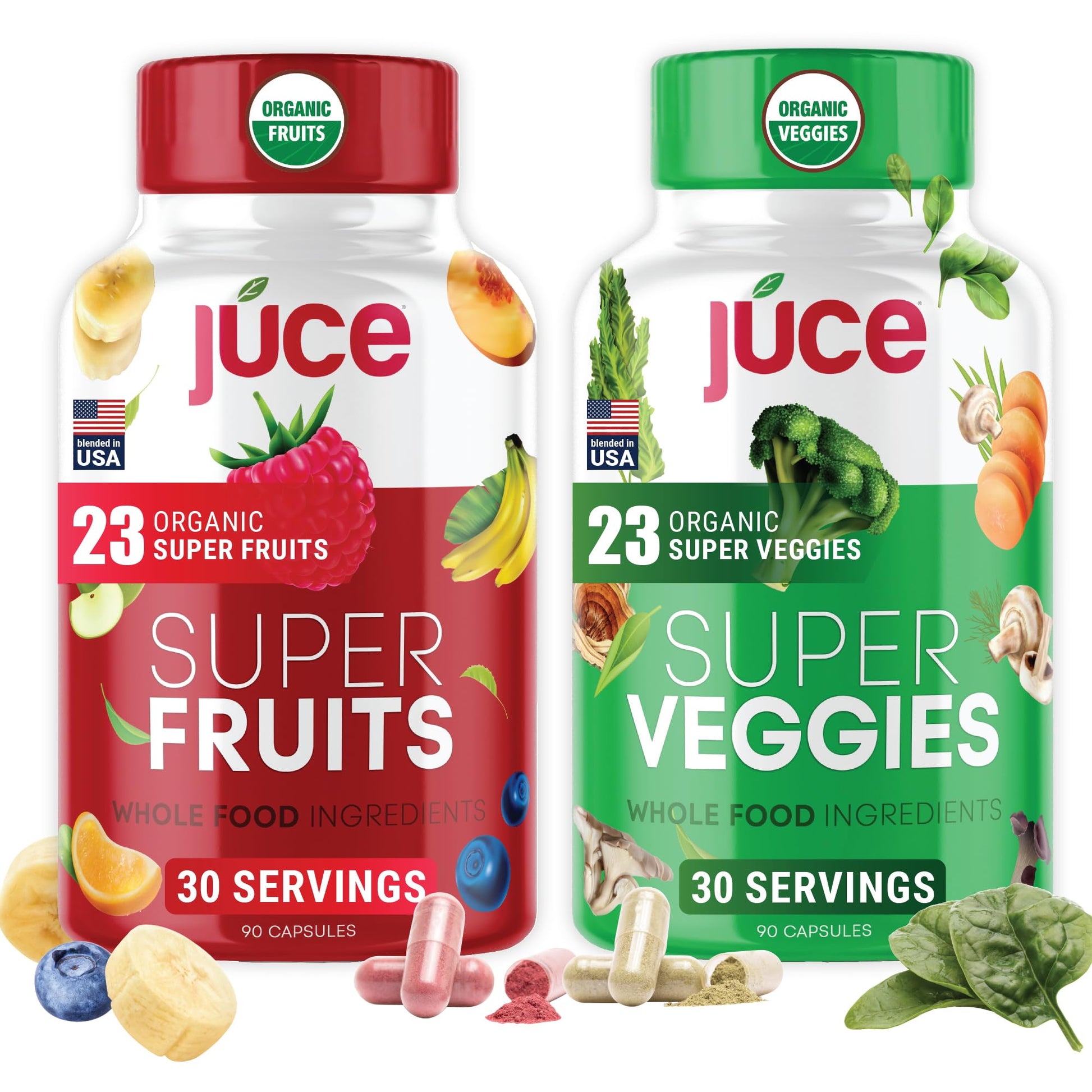 Juce Original Formula - Organic Super Fruit & Veggies Supplement - Gluten/Gelatin Free, Soy Free & Vegan- Reds & Greens Superfood Capsules- 23 Fruits & 23 Vegetables (180 Count)- By Terra Kai Organics - Maple Wellness Supplements