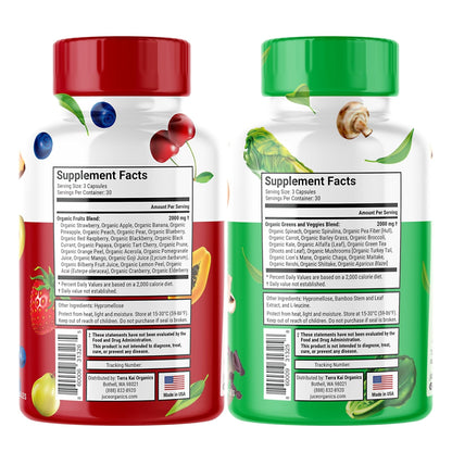 Juce Original Formula - Organic Super Fruit & Veggies Supplement - Gluten/Gelatin Free, Soy Free & Vegan- Reds & Greens Superfood Capsules- 23 Fruits & 23 Vegetables (180 Count)- By Terra Kai Organics - Maple Wellness Supplements
